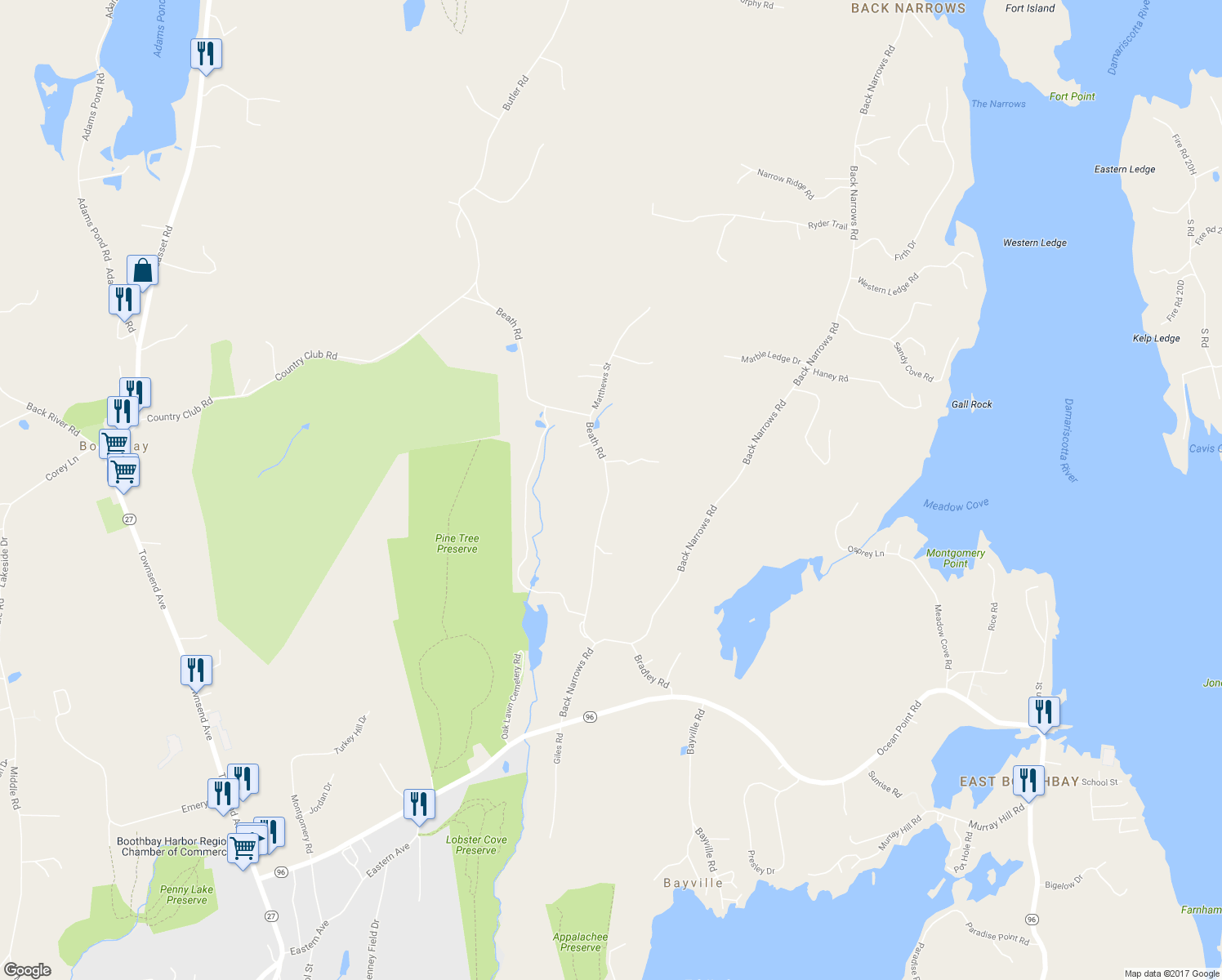 map of restaurants, bars, coffee shops, grocery stores, and more near 154 Beath Road in Boothbay