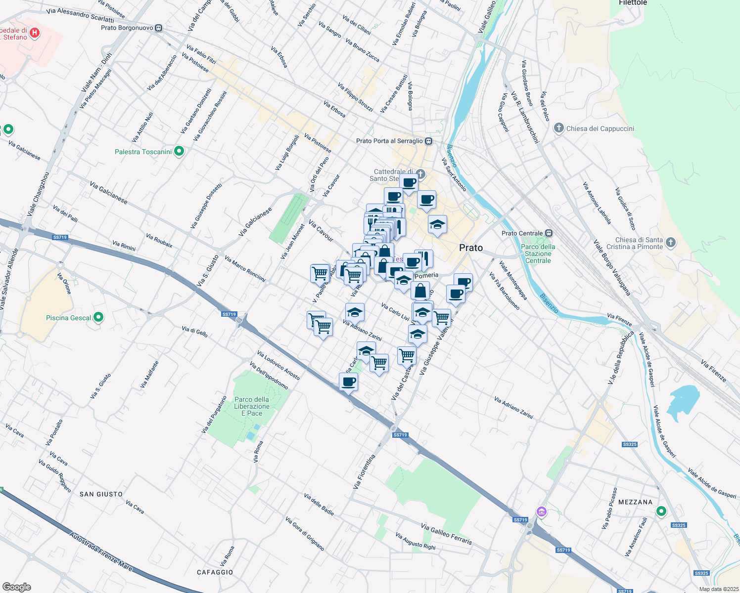 map of restaurants, bars, coffee shops, grocery stores, and more near 5 Via Alessandro Lazzerini in Prato
