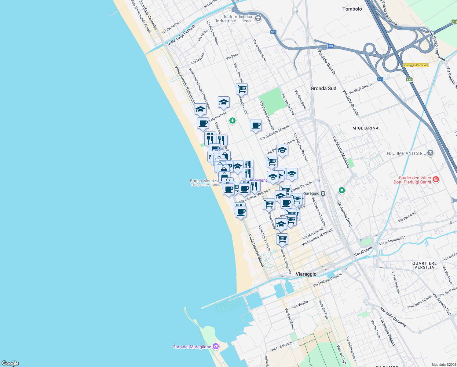 map of restaurants, bars, coffee shops, grocery stores, and more near 38/B Viale Giosuè Carducci in Viareggio