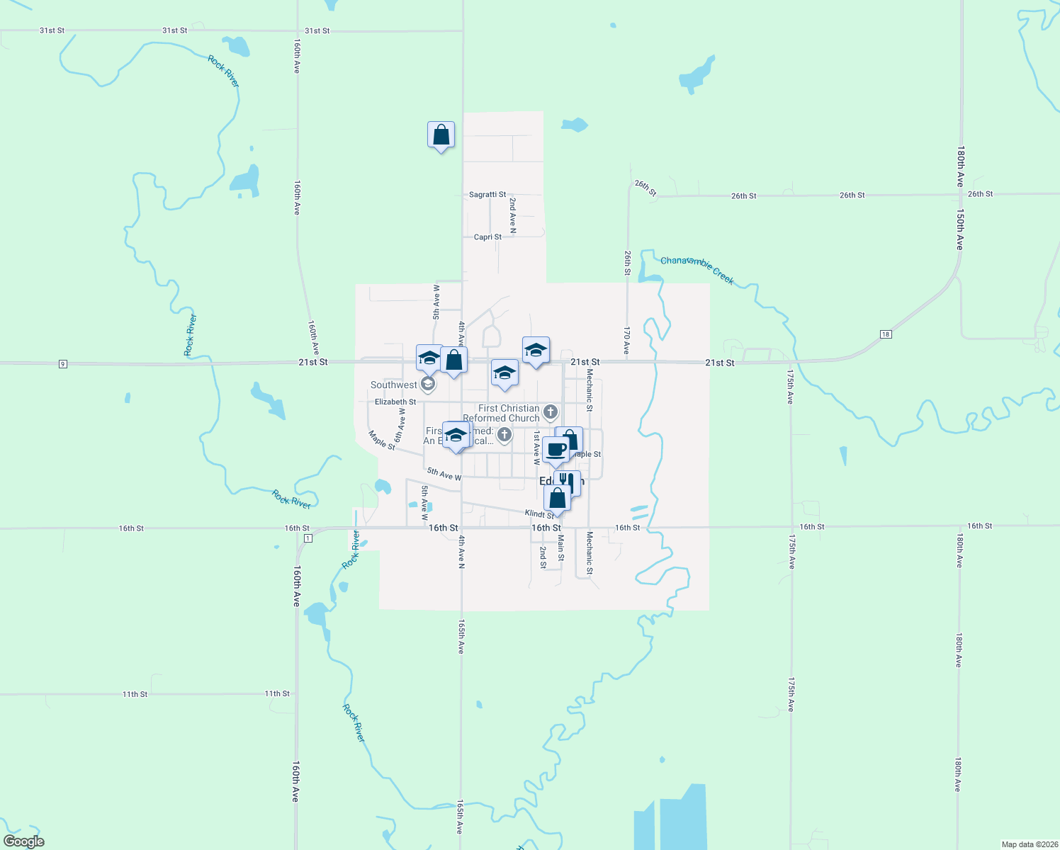 map of restaurants, bars, coffee shops, grocery stores, and more near 150 Center St S in Edgerton
