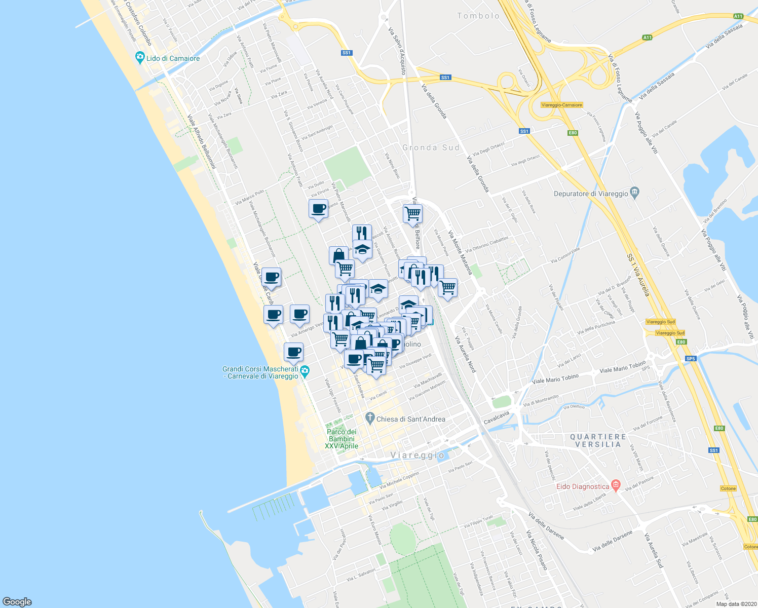 map of restaurants, bars, coffee shops, grocery stores, and more near 92 Via Edmondo de Amicis in Viareggio