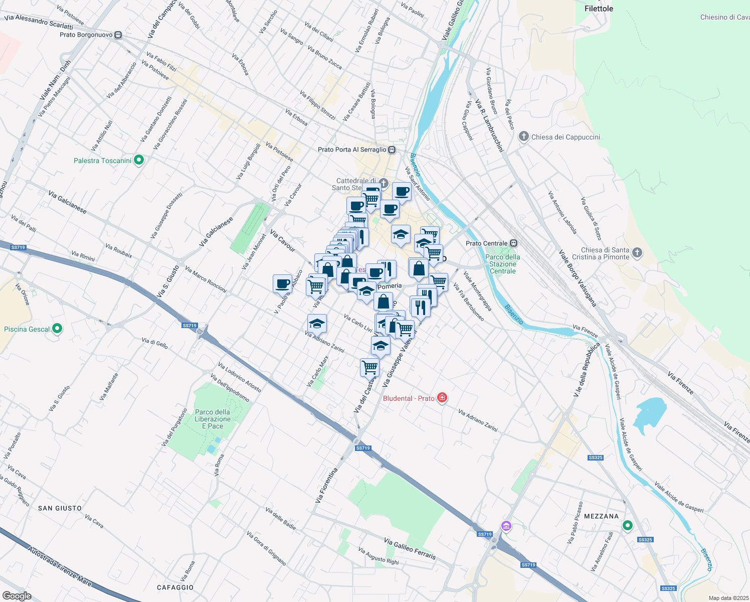map of restaurants, bars, coffee shops, grocery stores, and more near 28 Via Fratelli Giachetti in Prato