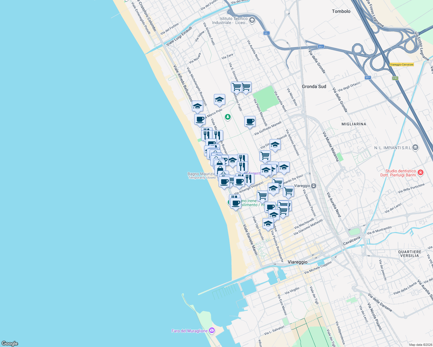 map of restaurants, bars, coffee shops, grocery stores, and more near 47 Via Giuseppe Barellai in Viareggio
