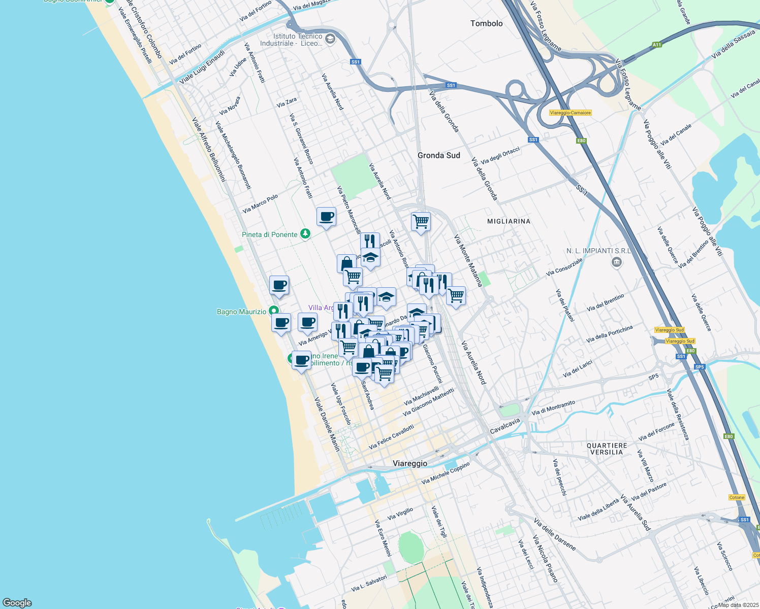 map of restaurants, bars, coffee shops, grocery stores, and more near 92 Via Edmondo de Amicis in Viareggio
