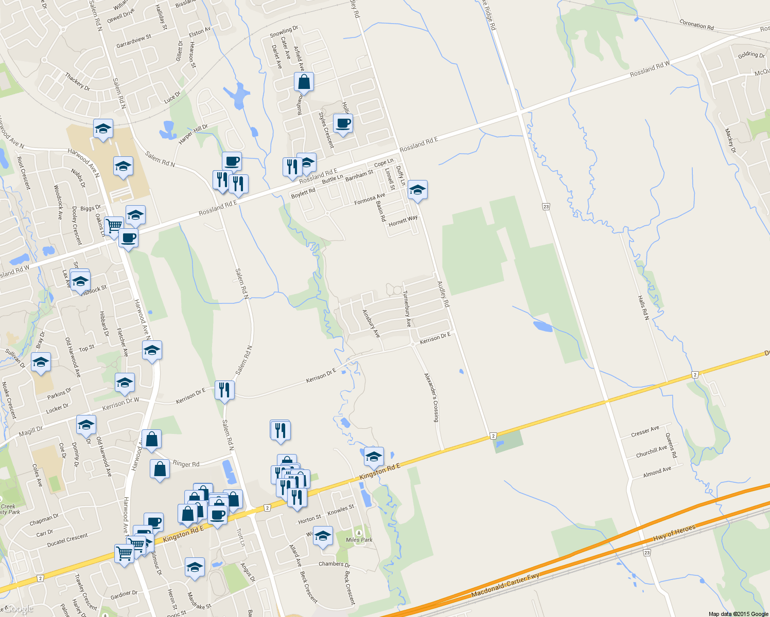 map of restaurants, bars, coffee shops, grocery stores, and more near 22 Byram Downs Street in Ajax