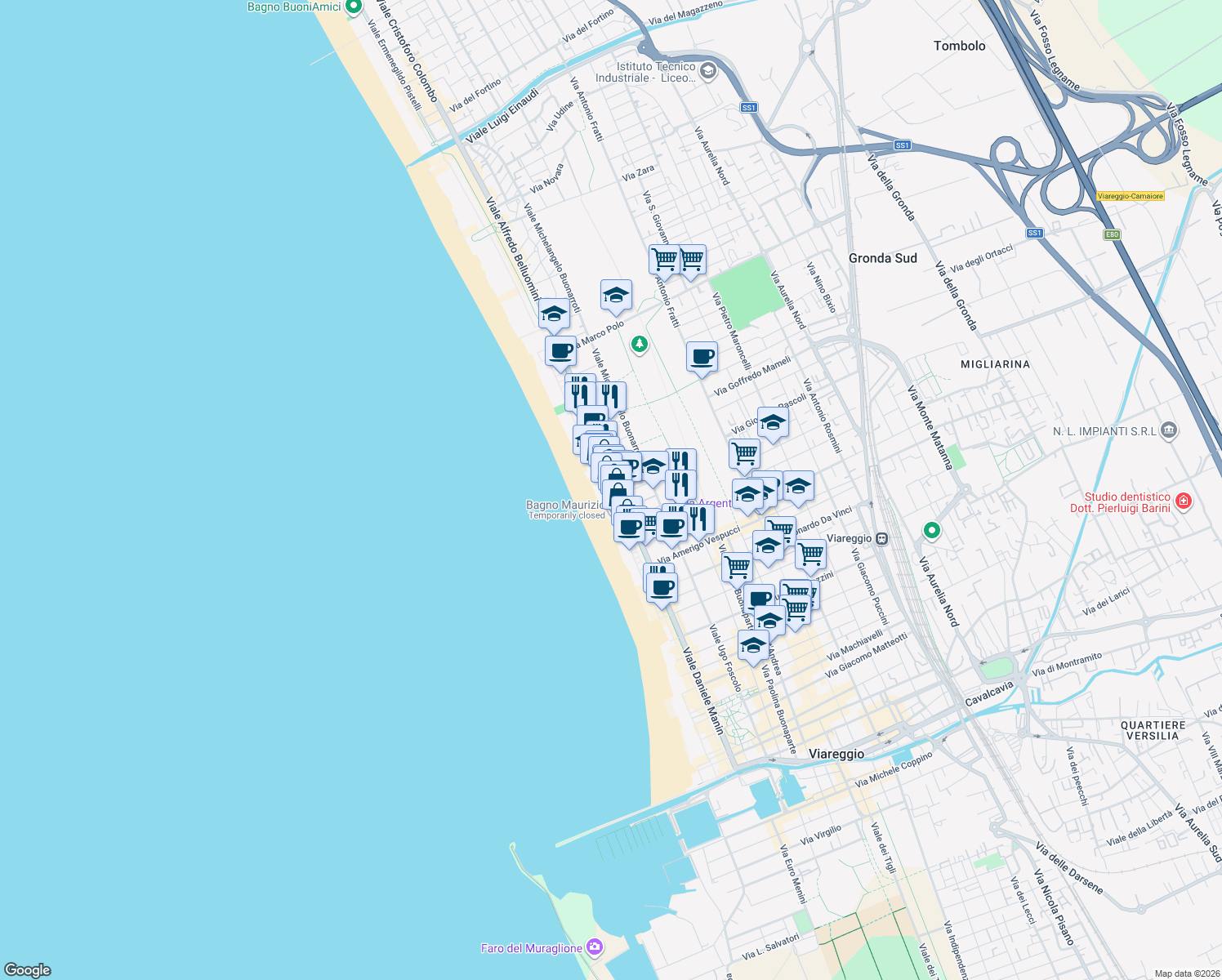 map of restaurants, bars, coffee shops, grocery stores, and more near 47 Via Giuseppe Barellai in Viareggio
