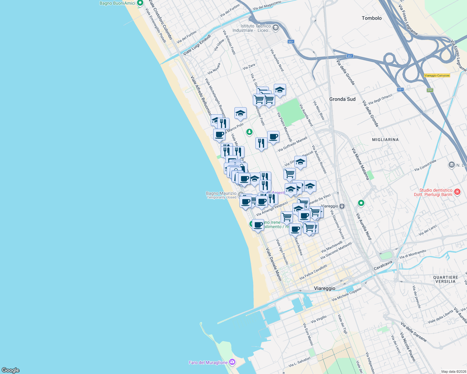 map of restaurants, bars, coffee shops, grocery stores, and more near 51 Via Giuseppe Barellai in Viareggio