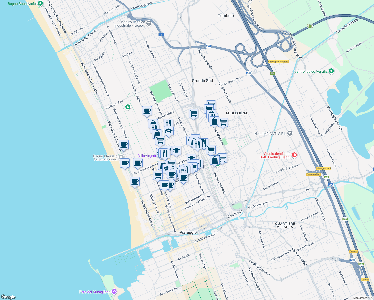 map of restaurants, bars, coffee shops, grocery stores, and more near 162 Via Antonio Pacinotti in Viareggio
