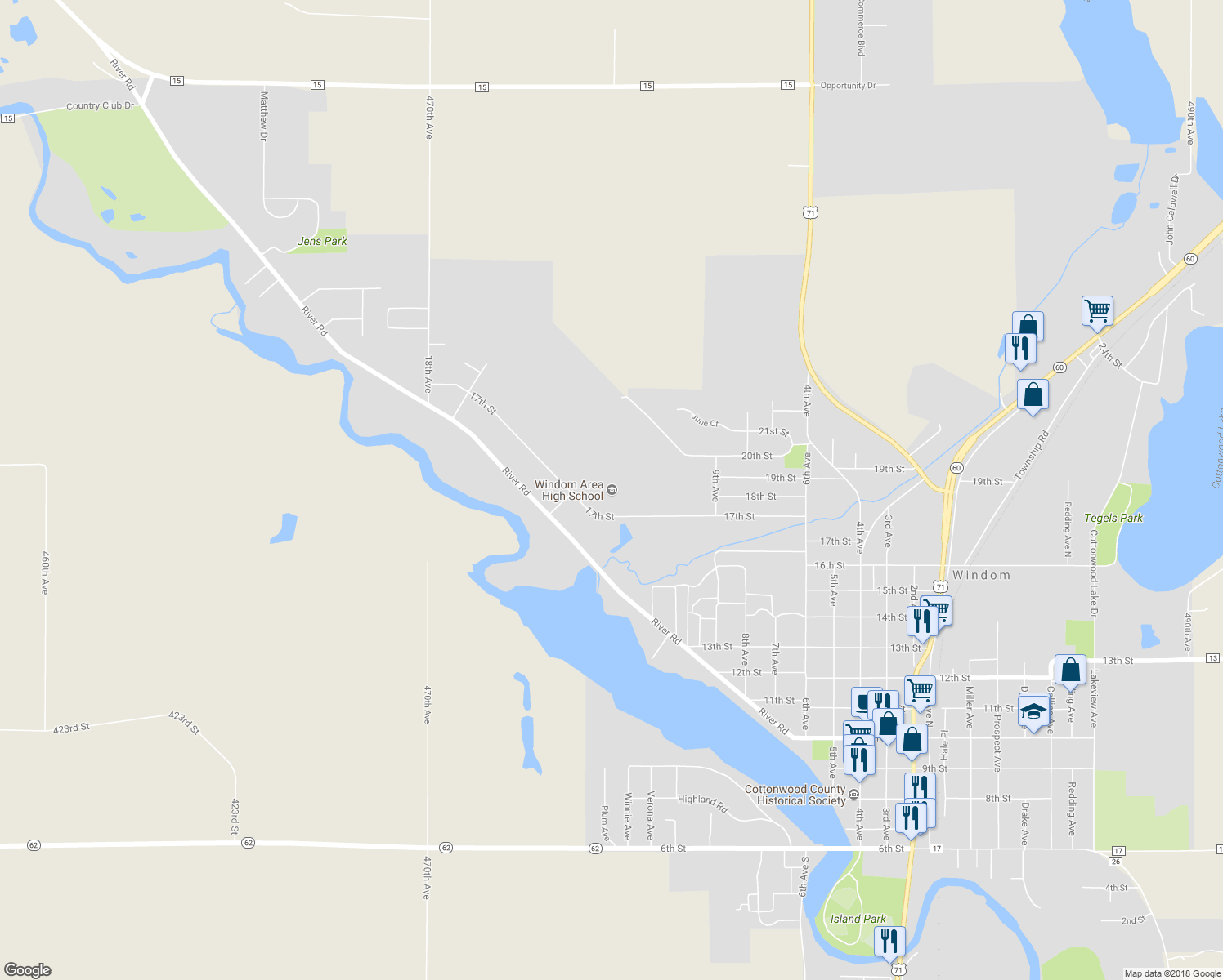 map of restaurants, bars, coffee shops, grocery stores, and more near 1400 17th Street in Windom