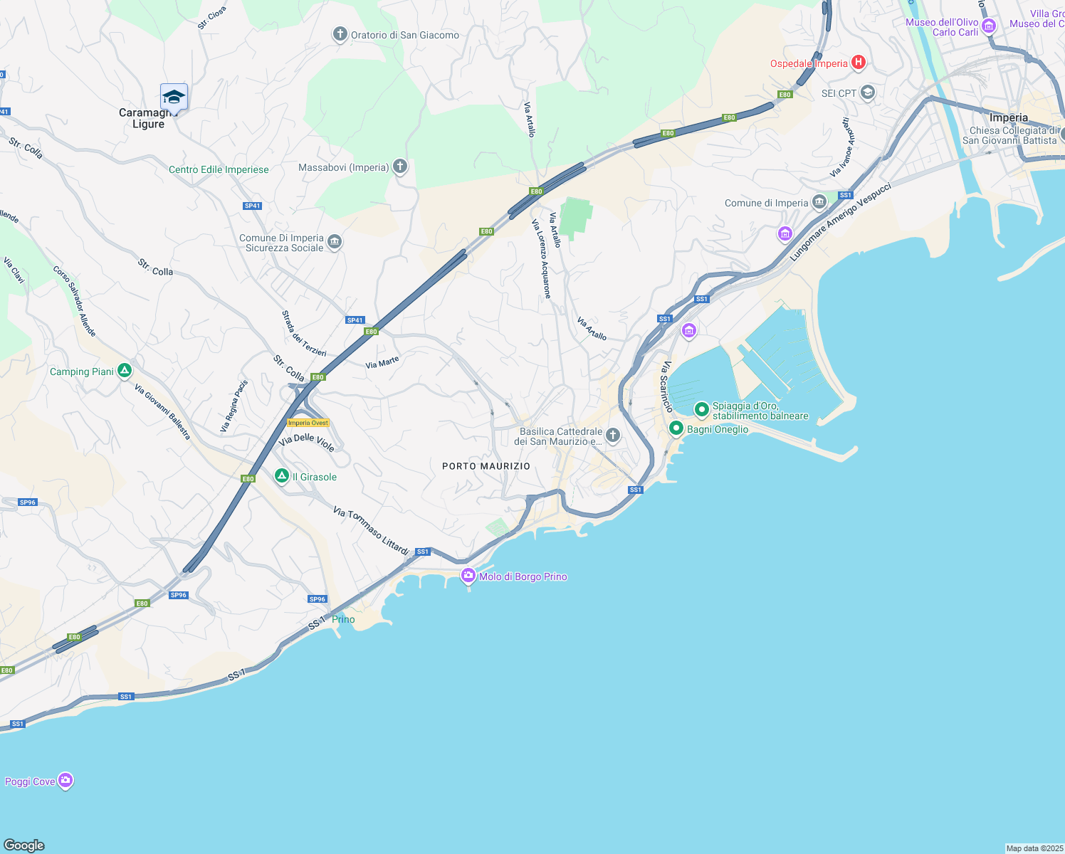 map of restaurants, bars, coffee shops, grocery stores, and more near 152 Via Martiri della Libertà in Imperia