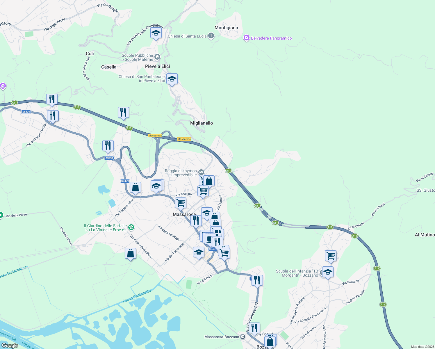 map of restaurants, bars, coffee shops, grocery stores, and more near 137 Via di Ronco in Massarosa
