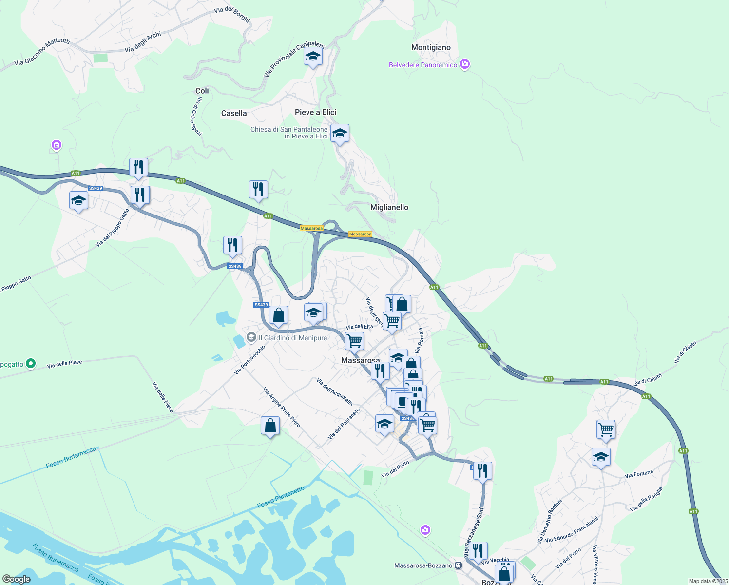 map of restaurants, bars, coffee shops, grocery stores, and more near 635 Via degli Sterpeti in Massarosa