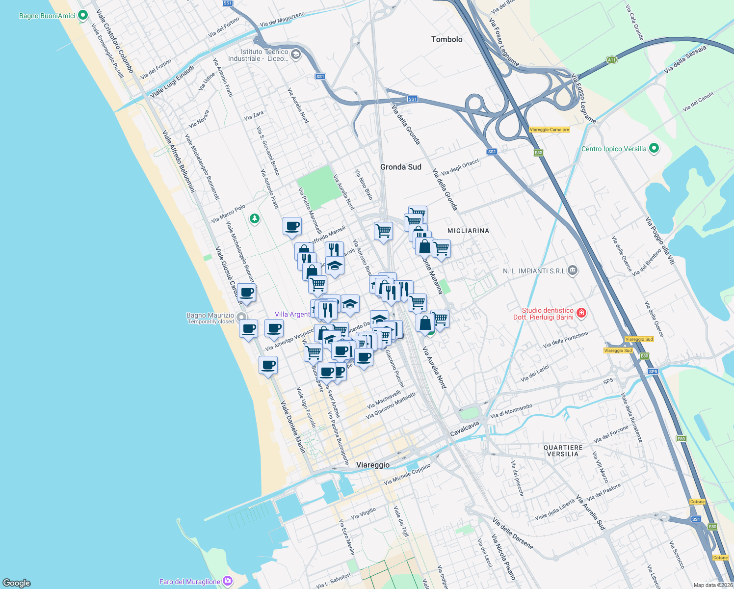 map of restaurants, bars, coffee shops, grocery stores, and more near 162 Via Antonio Pacinotti in Viareggio