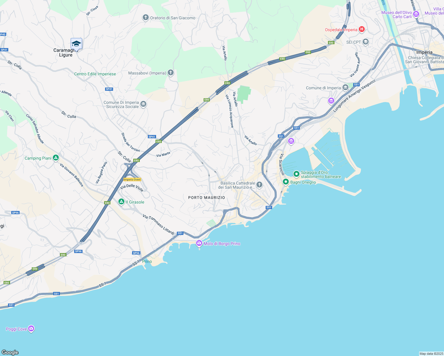 map of restaurants, bars, coffee shops, grocery stores, and more near 152 Via Martiri della Libertà in Imperia