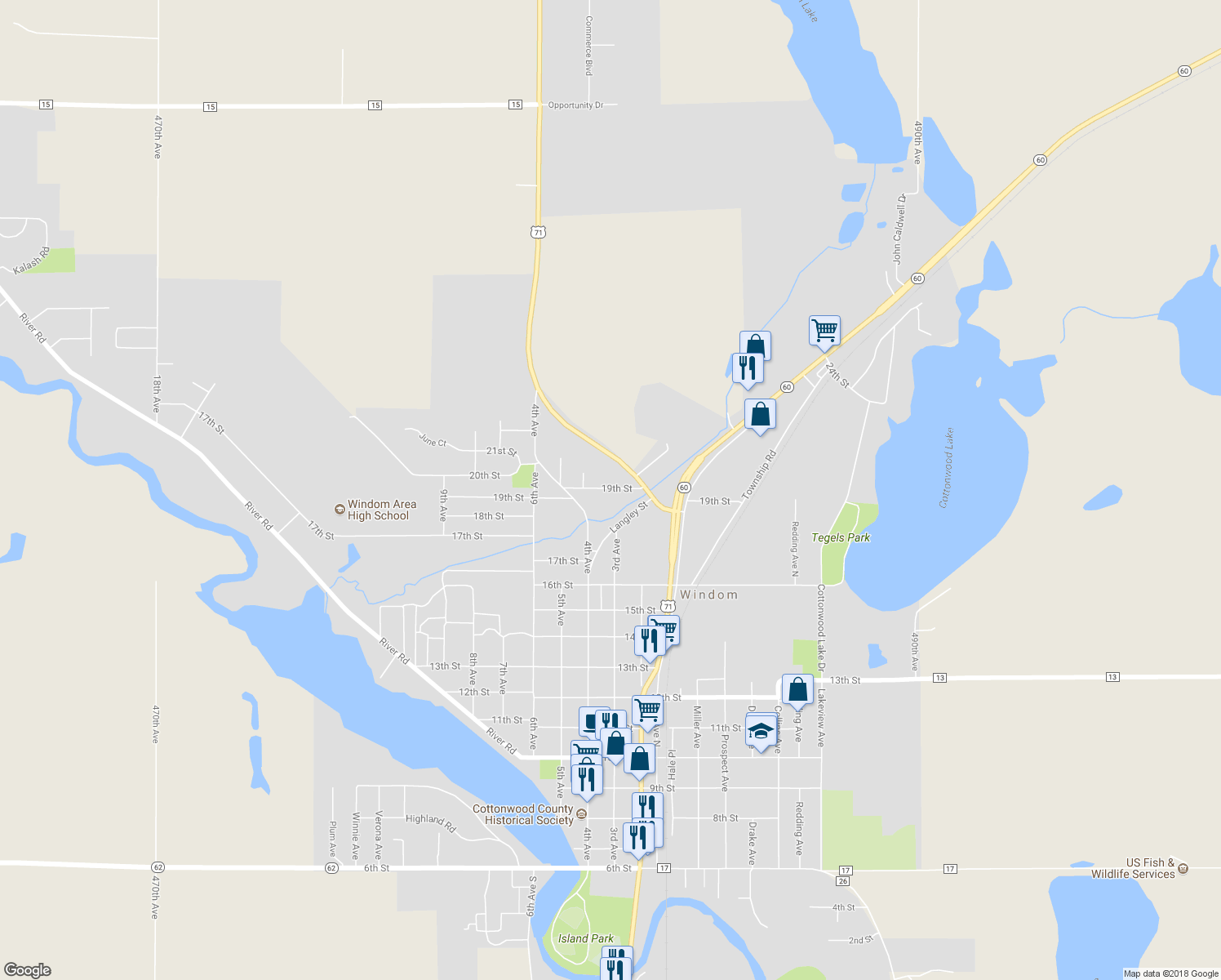 map of restaurants, bars, coffee shops, grocery stores, and more near 401 19th Street in Windom