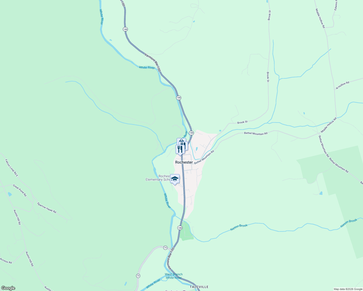 map of restaurants, bars, coffee shops, grocery stores, and more near 73 Peavine Drive in Rochester