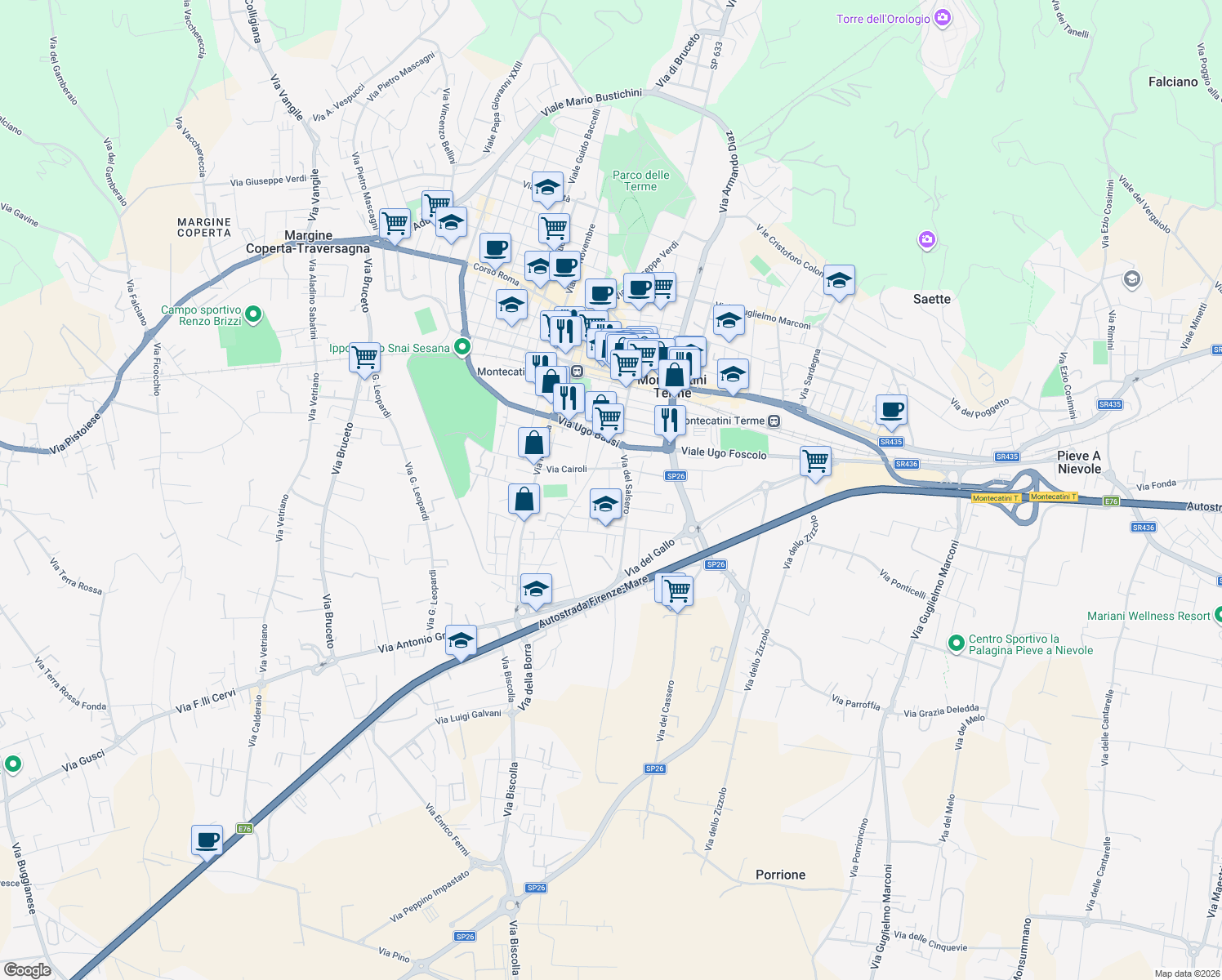 map of restaurants, bars, coffee shops, grocery stores, and more near 15 Via Po in Montecatini Terme