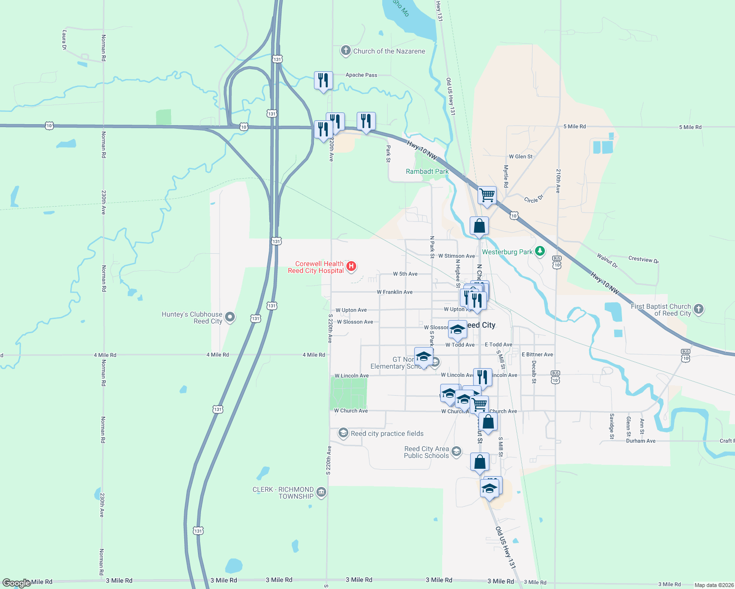 map of restaurants, bars, coffee shops, grocery stores, and more near 551 West Franklin Avenue in Reed City