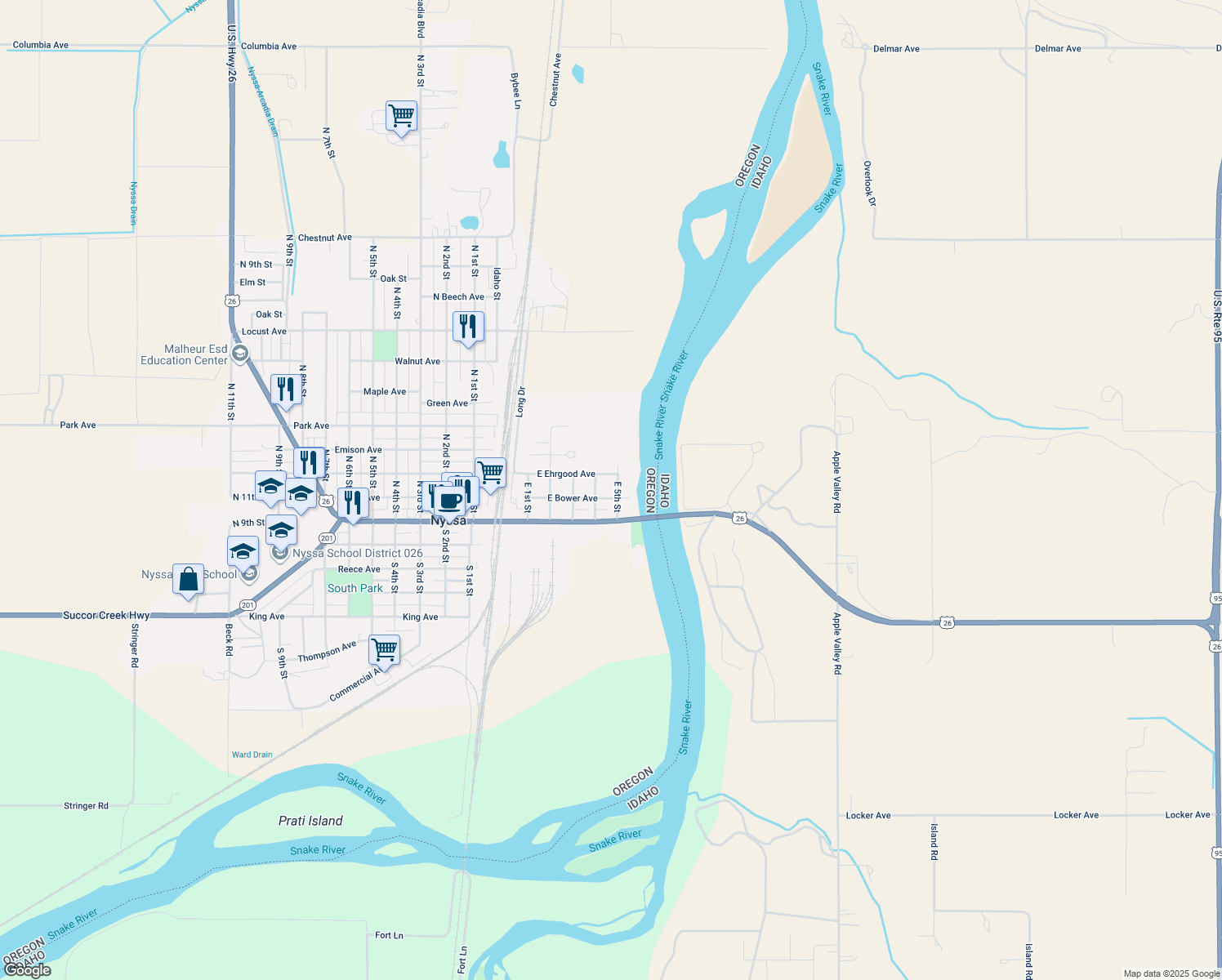 map of restaurants, bars, coffee shops, grocery stores, and more near 103 East 5th Street in Nyssa