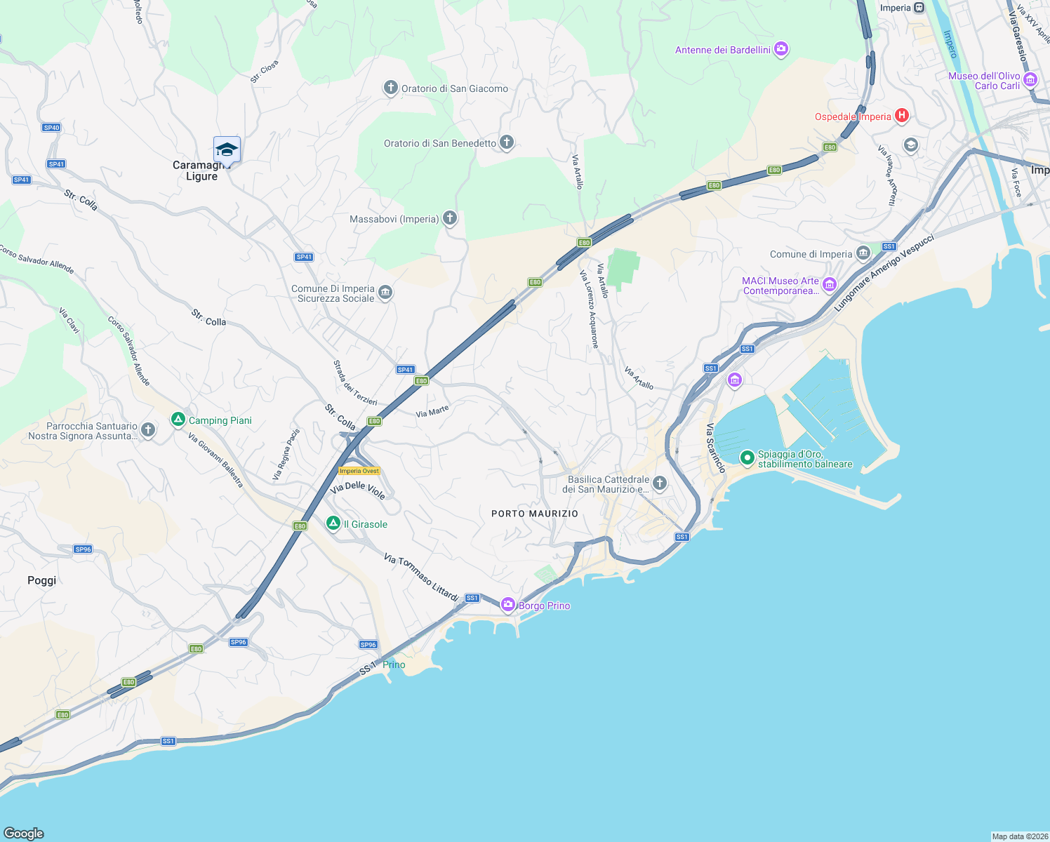 map of restaurants, bars, coffee shops, grocery stores, and more near 8 Strada Colla in Imperia