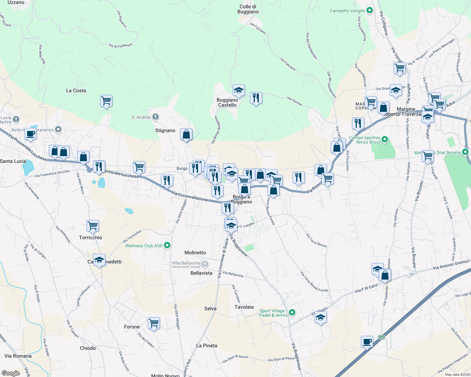 map of restaurants, bars, coffee shops, grocery stores, and more near 61 Piazza Aldo Moro in Borgo A Buggiano