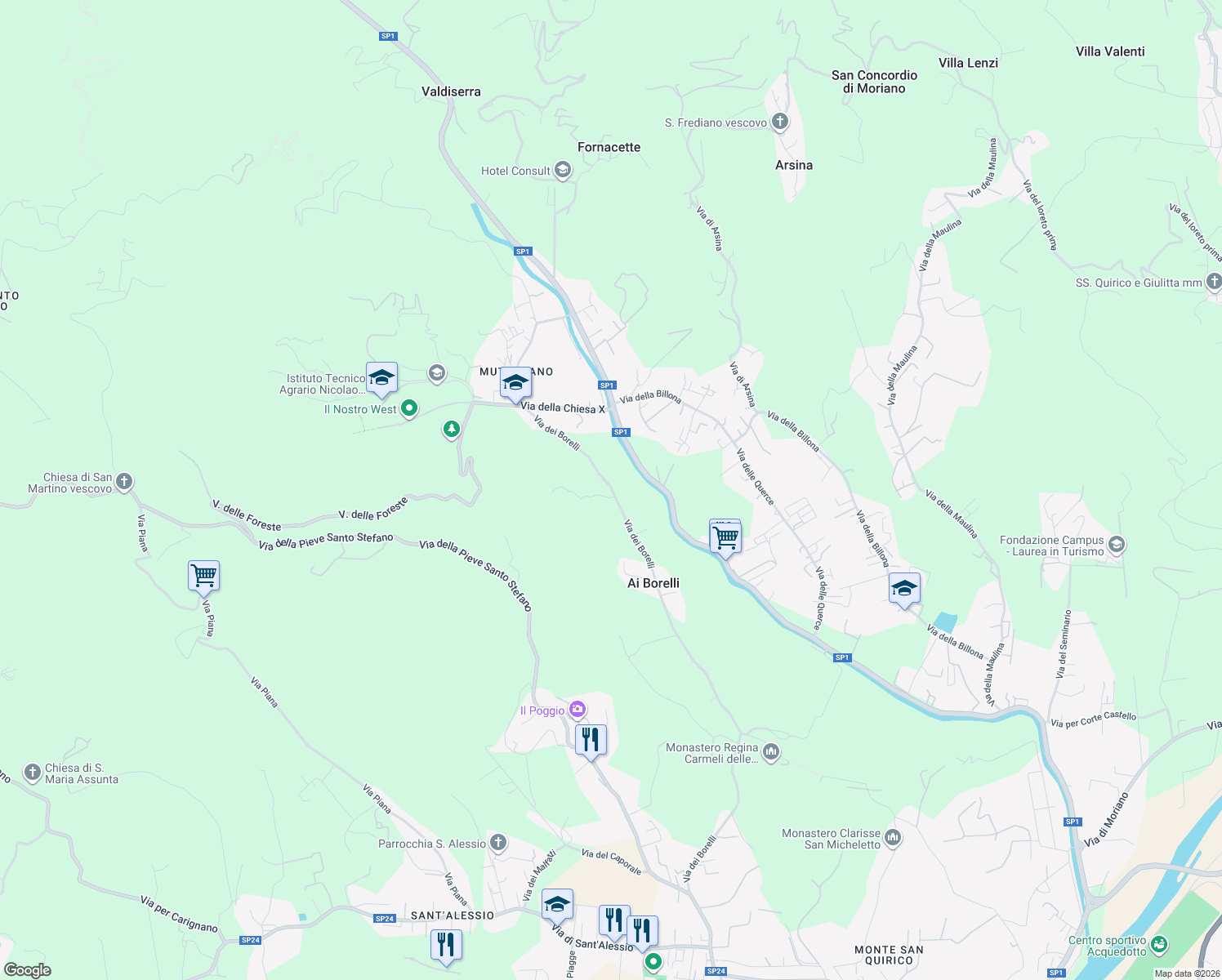 map of restaurants, bars, coffee shops, grocery stores, and more near 4214 Via per Camaiore in Lucca