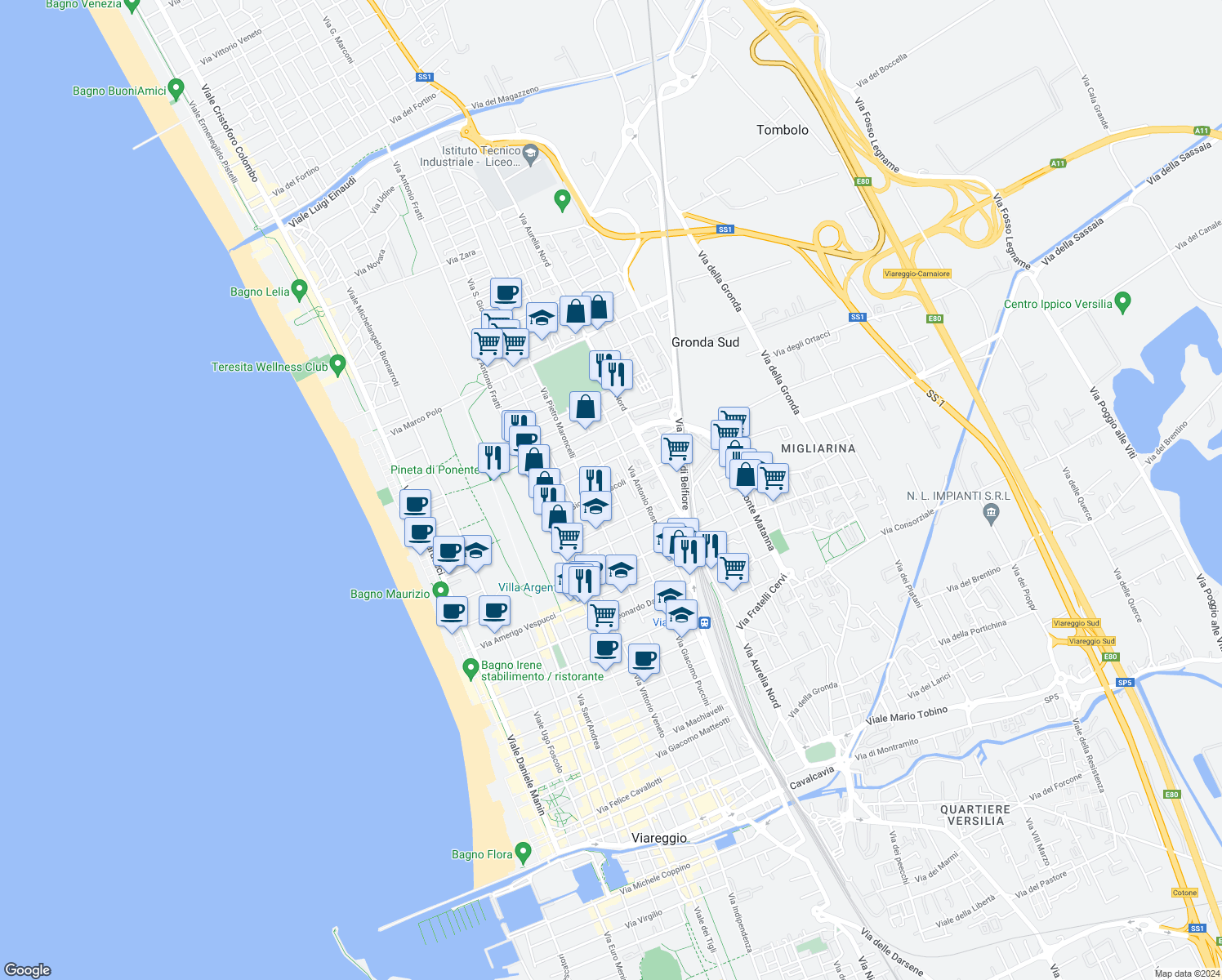 map of restaurants, bars, coffee shops, grocery stores, and more near 60 Via Giovanni Pascoli in Viareggio