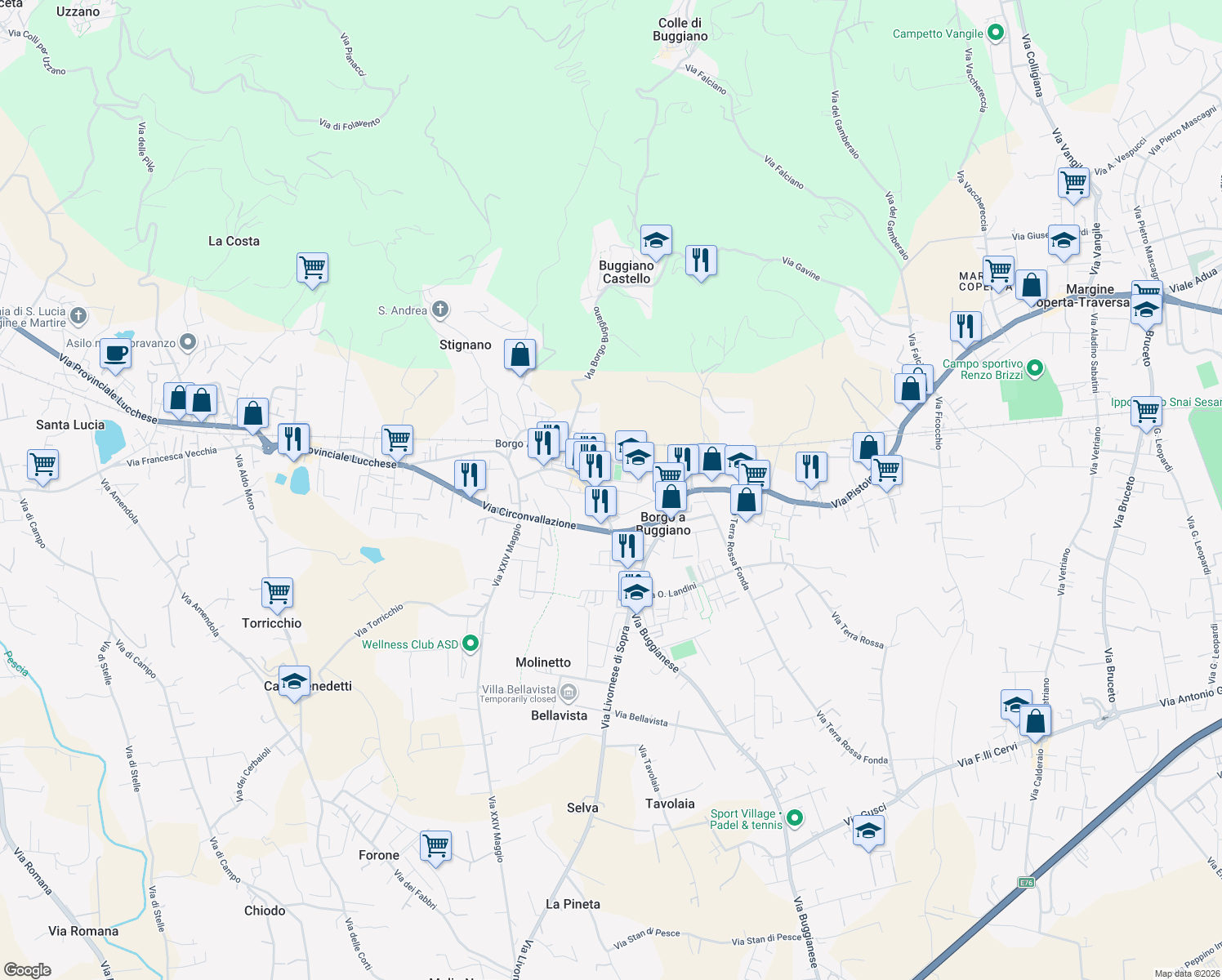 map of restaurants, bars, coffee shops, grocery stores, and more near 61 Piazza Aldo Moro in Borgo A Buggiano