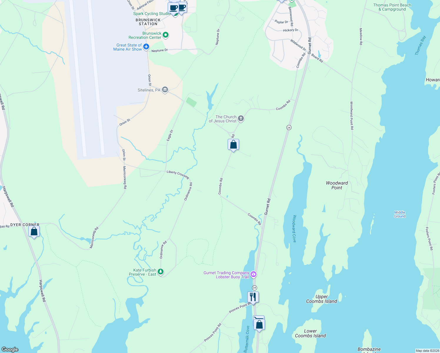 map of restaurants, bars, coffee shops, grocery stores, and more near 260 Coombs Road in Brunswick