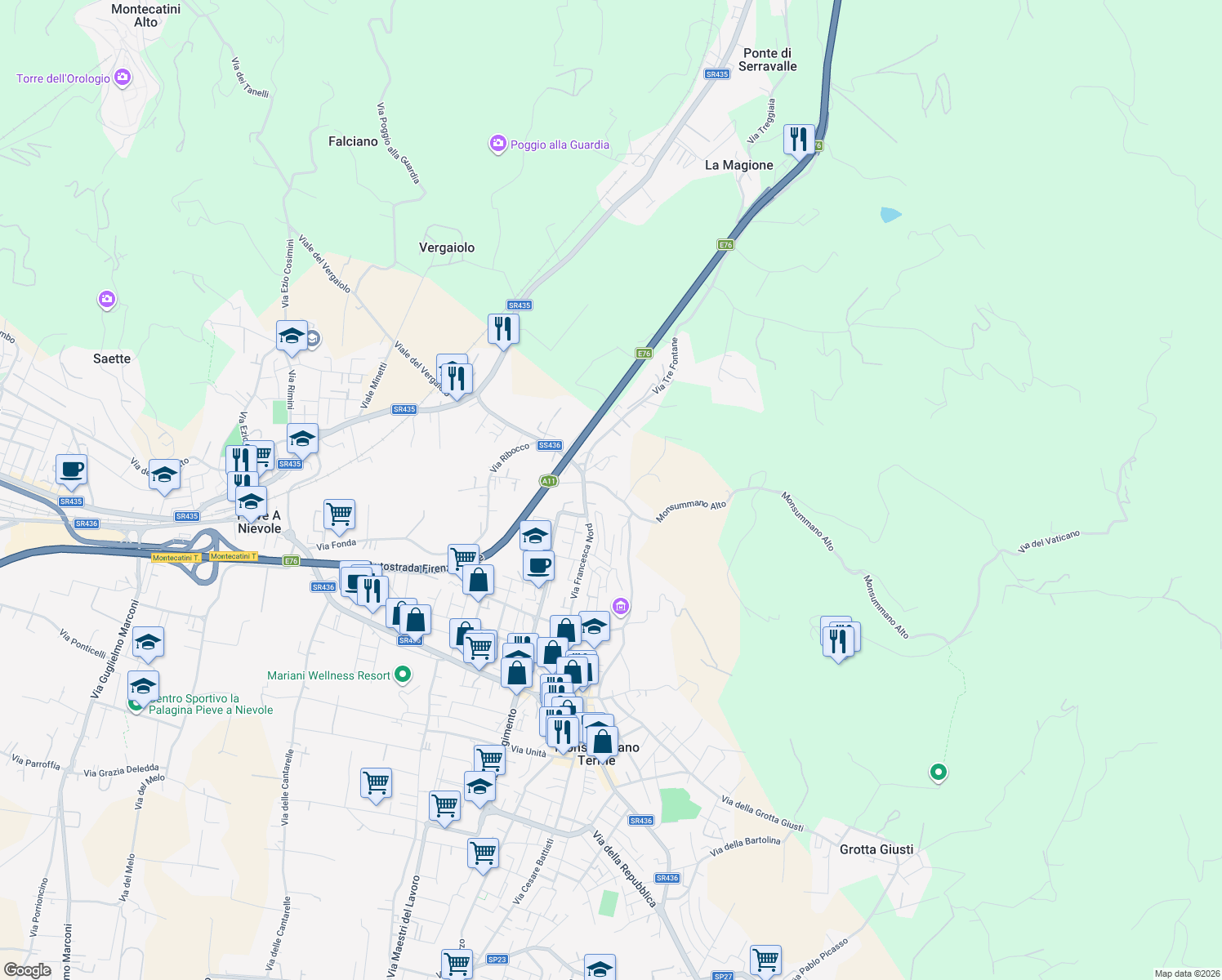 map of restaurants, bars, coffee shops, grocery stores, and more near 84 Via dei Gobbi in Monsummano Terme