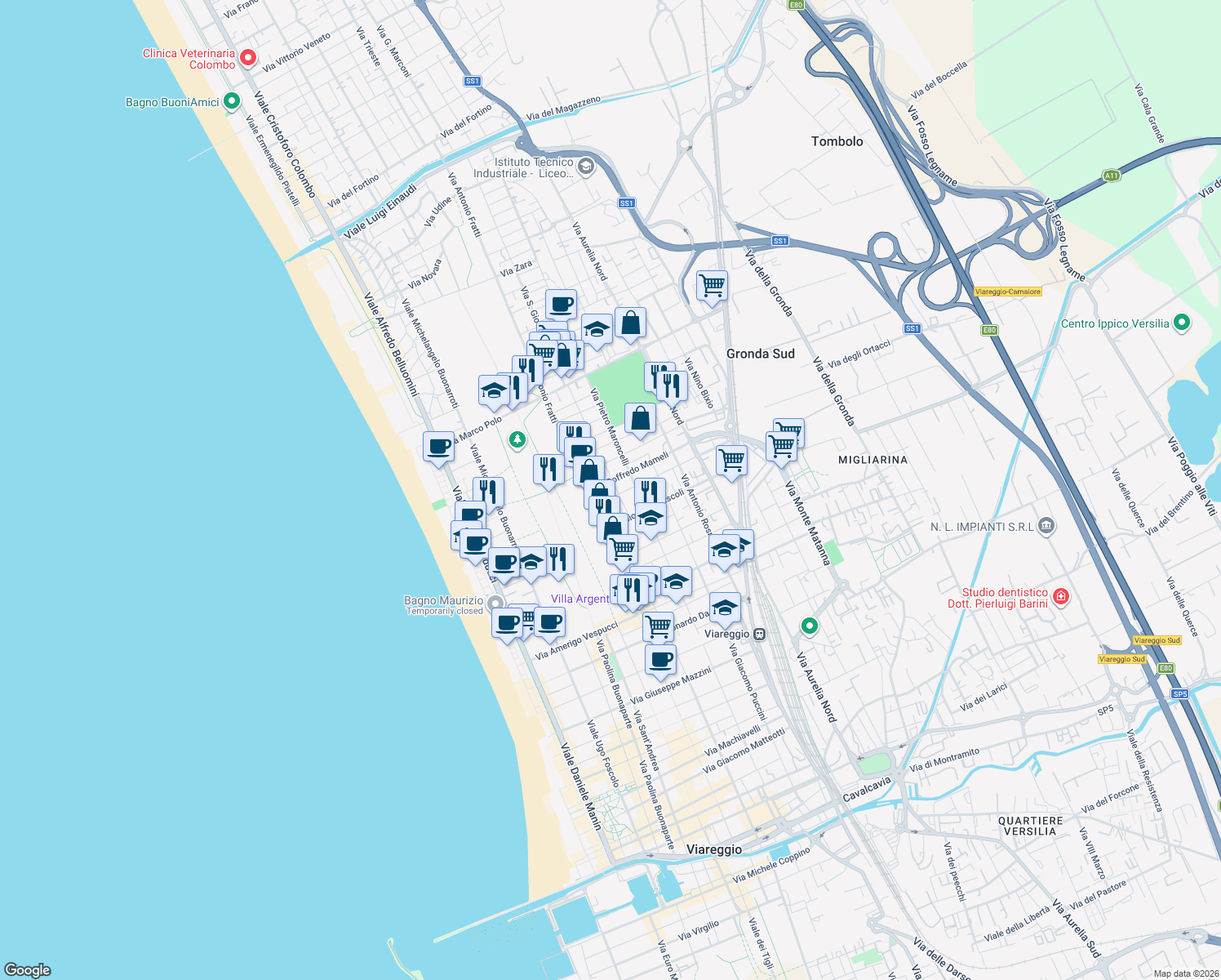 map of restaurants, bars, coffee shops, grocery stores, and more near 32/A Via San Tommaso D'Aquino in Viareggio
