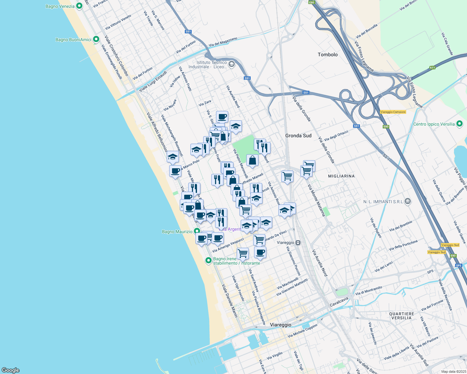 map of restaurants, bars, coffee shops, grocery stores, and more near 3 Via Goffredo Mameli in Viareggio