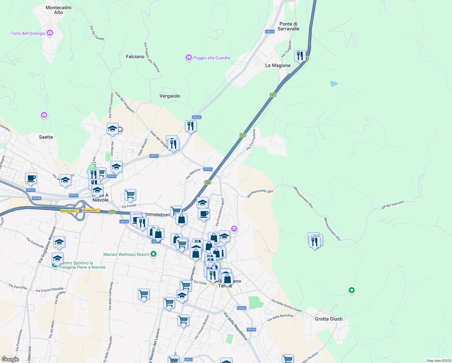map of restaurants, bars, coffee shops, grocery stores, and more near 84 Via dei Gobbi in Monsummano Terme