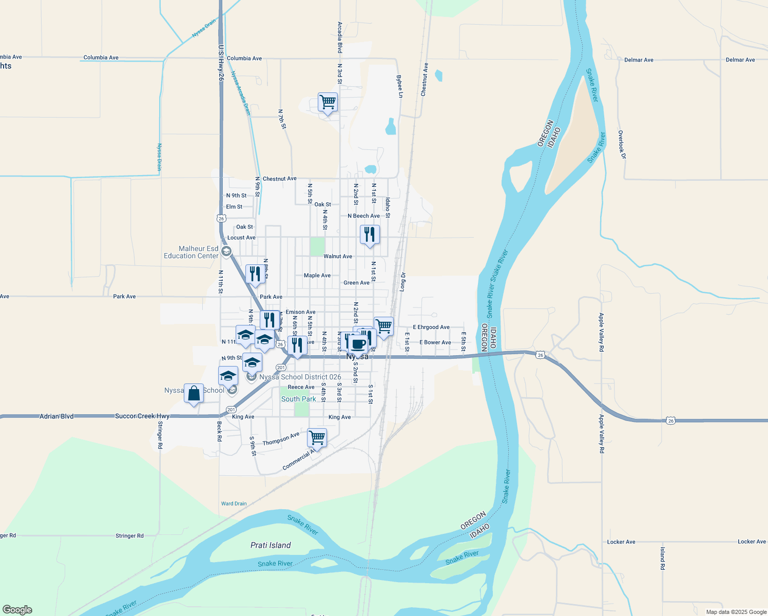 map of restaurants, bars, coffee shops, grocery stores, and more near 14 Emison Avenue in Nyssa