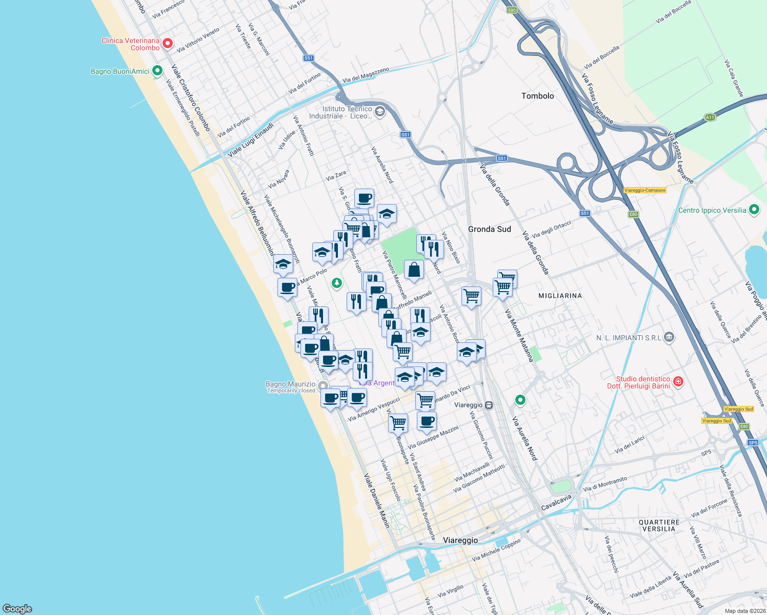map of restaurants, bars, coffee shops, grocery stores, and more near 3 Via Goffredo Mameli in Viareggio