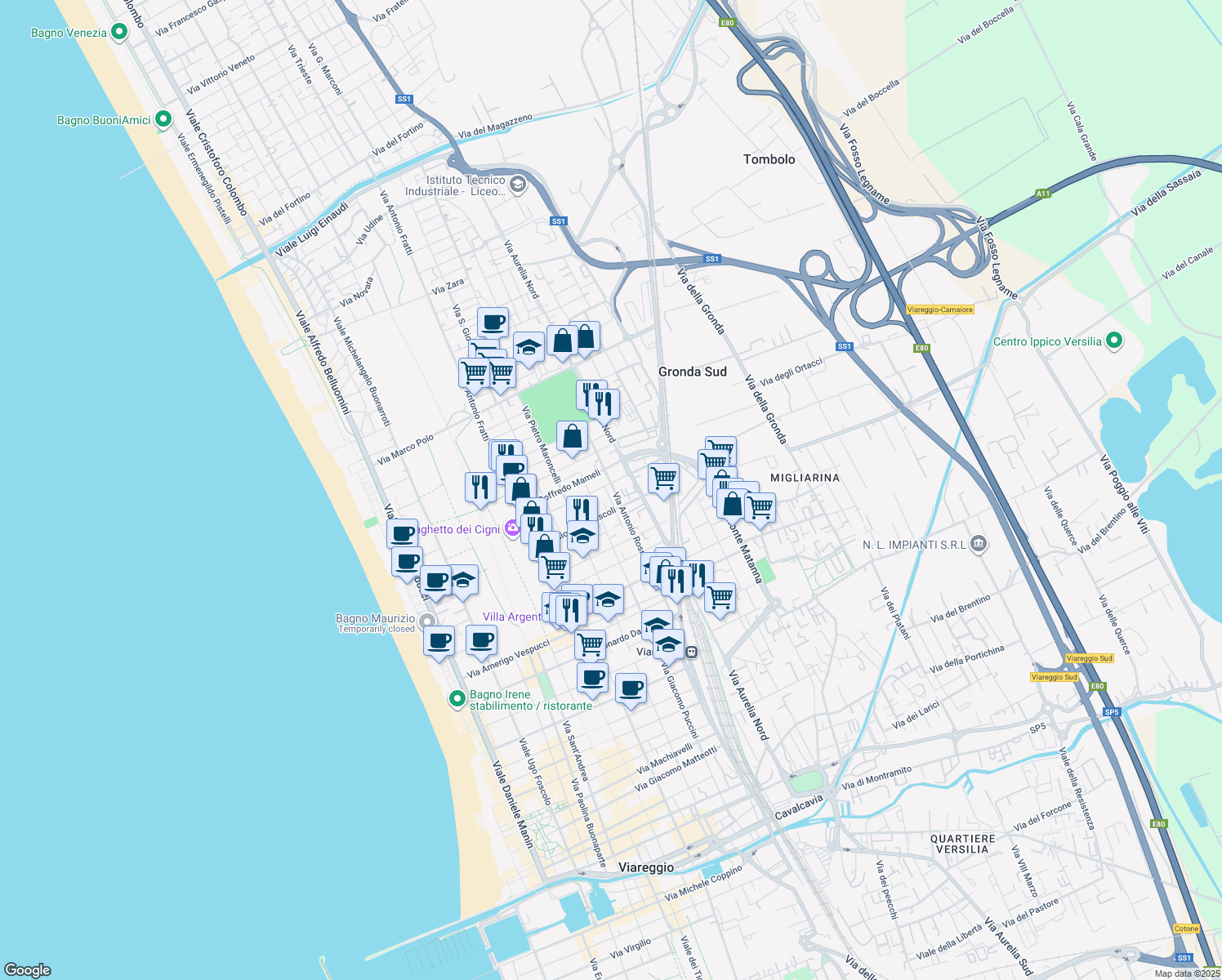 map of restaurants, bars, coffee shops, grocery stores, and more near 60 Via Giovanni Pascoli in Viareggio