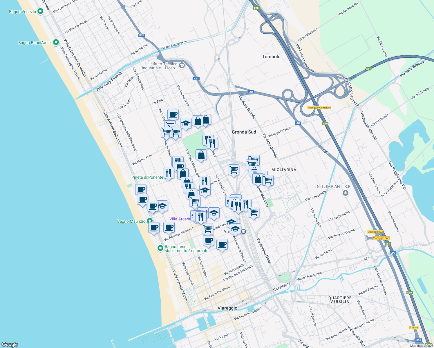 map of restaurants, bars, coffee shops, grocery stores, and more near 60 Via Giovanni Pascoli in Viareggio