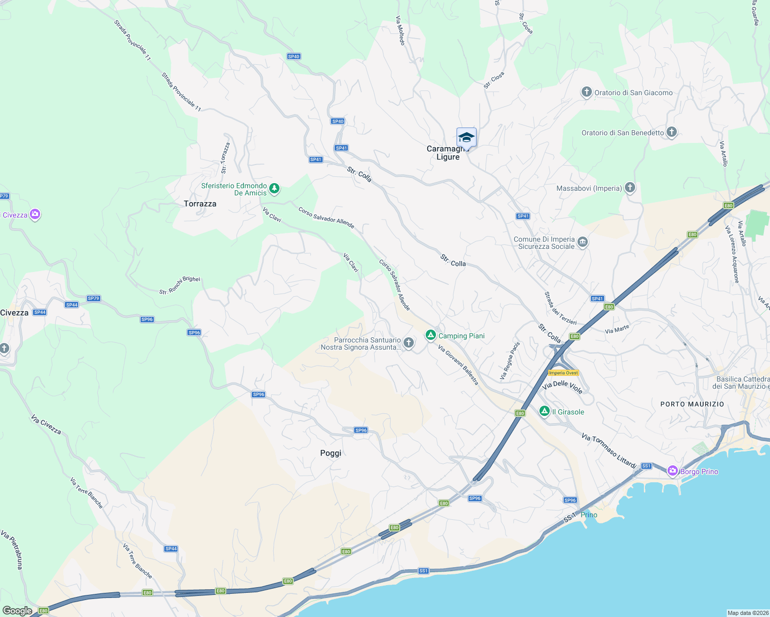 map of restaurants, bars, coffee shops, grocery stores, and more near Via degli Orti in Imperia