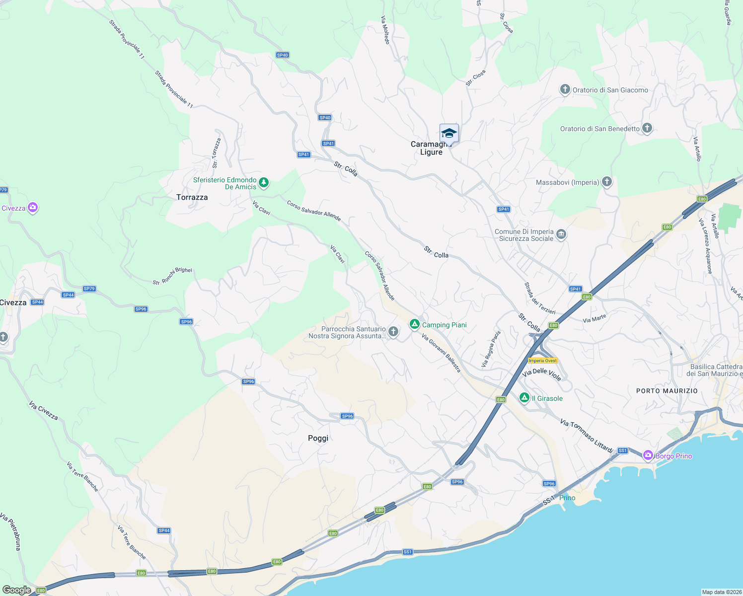 map of restaurants, bars, coffee shops, grocery stores, and more near Via degli Orti in Imperia