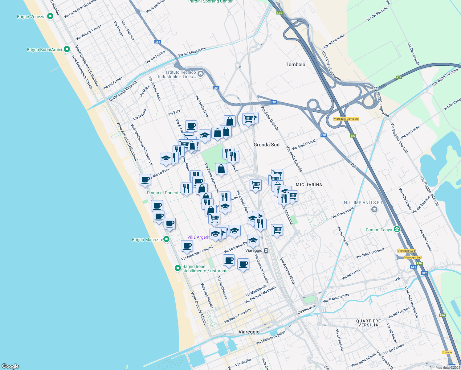 map of restaurants, bars, coffee shops, grocery stores, and more near 174 Via Antonio Rosmini in Viareggio