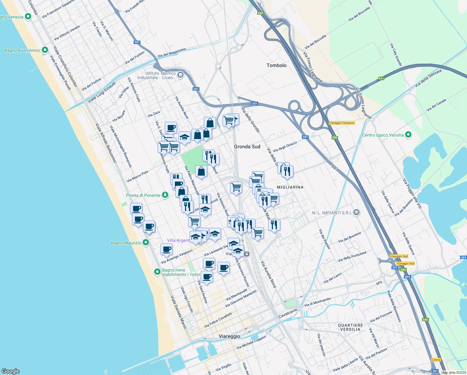 map of restaurants, bars, coffee shops, grocery stores, and more near 19 Via Martiri di Belfiore in Viareggio