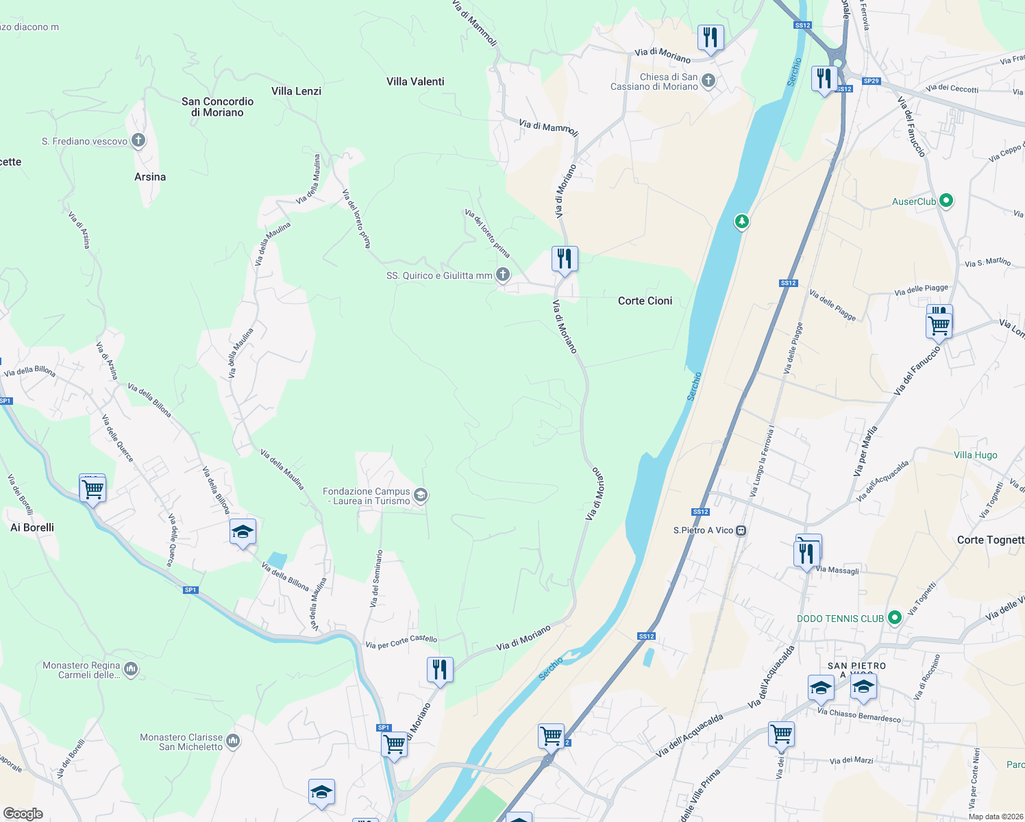 map of restaurants, bars, coffee shops, grocery stores, and more near 361 Via di Santarlascio in Lucca