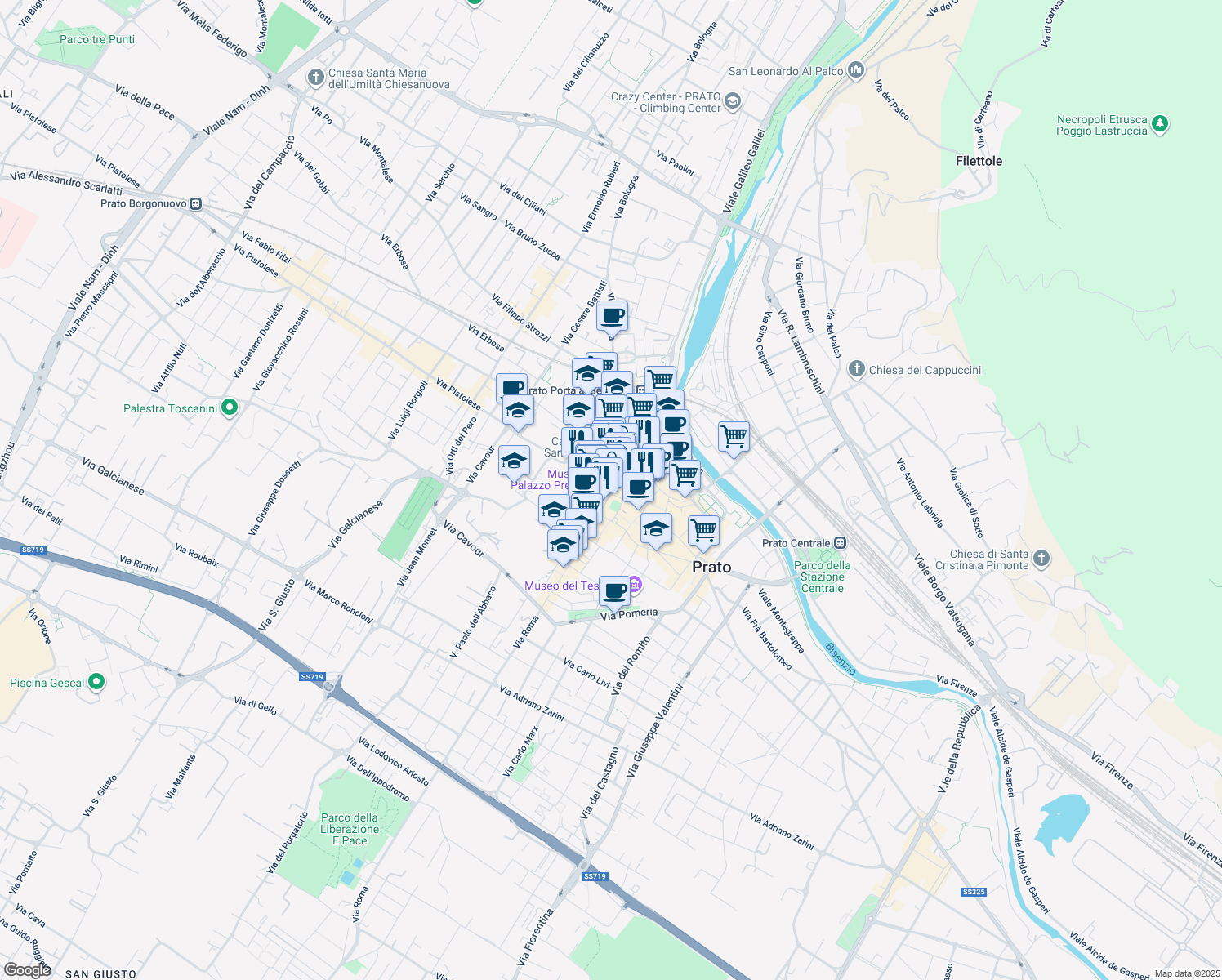 map of restaurants, bars, coffee shops, grocery stores, and more near 1 Via Bettino Ricasoli in Prato