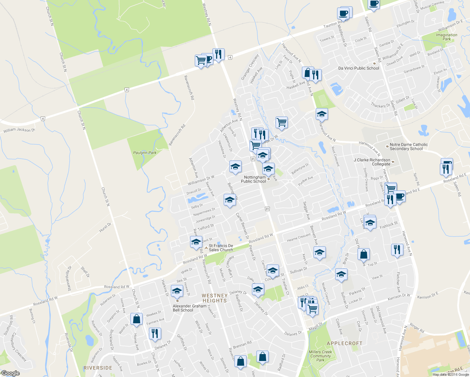 map of restaurants, bars, coffee shops, grocery stores, and more near 4 Taverner Crescent in Ajax