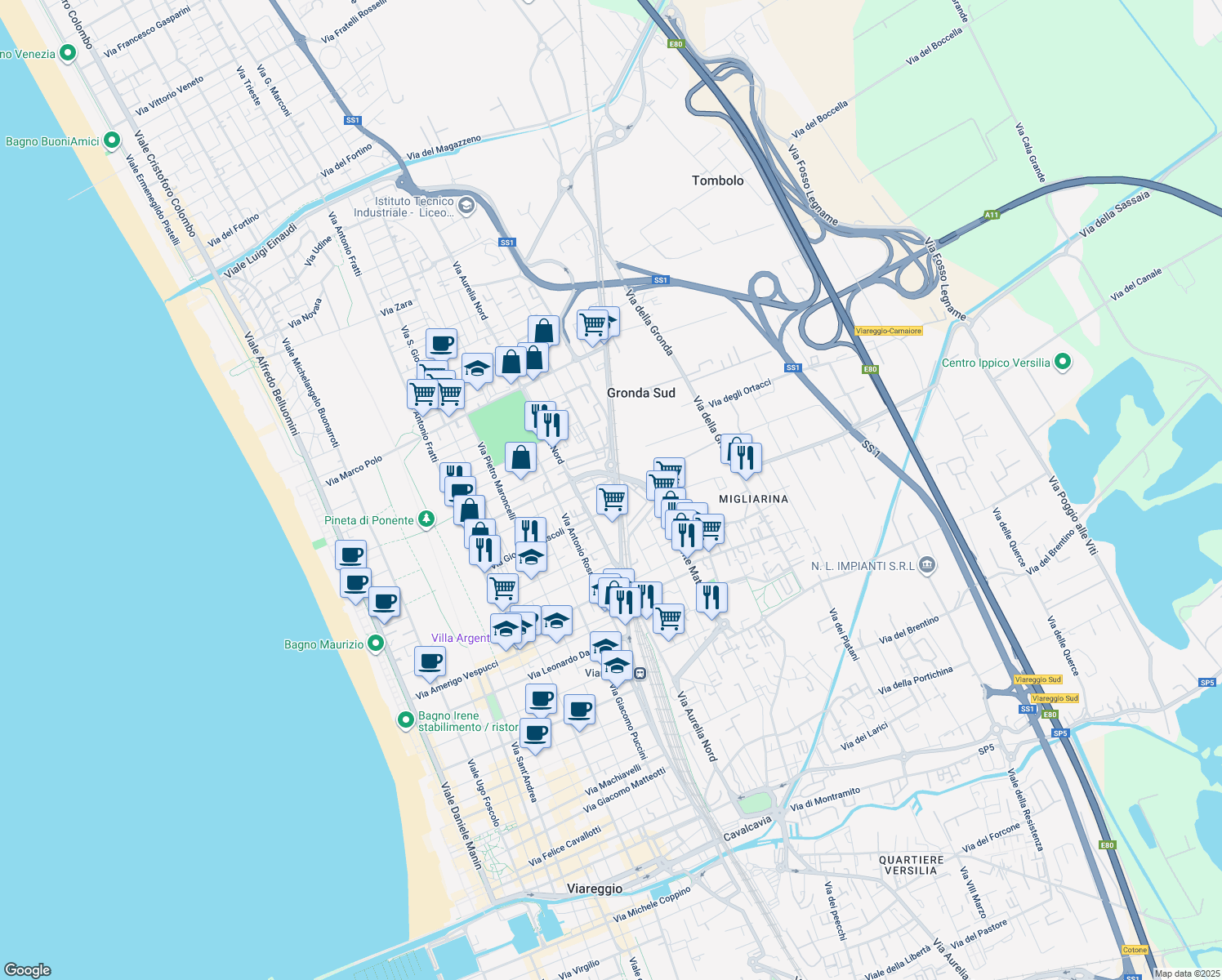 map of restaurants, bars, coffee shops, grocery stores, and more near 19 Via Martiri di Belfiore in Viareggio
