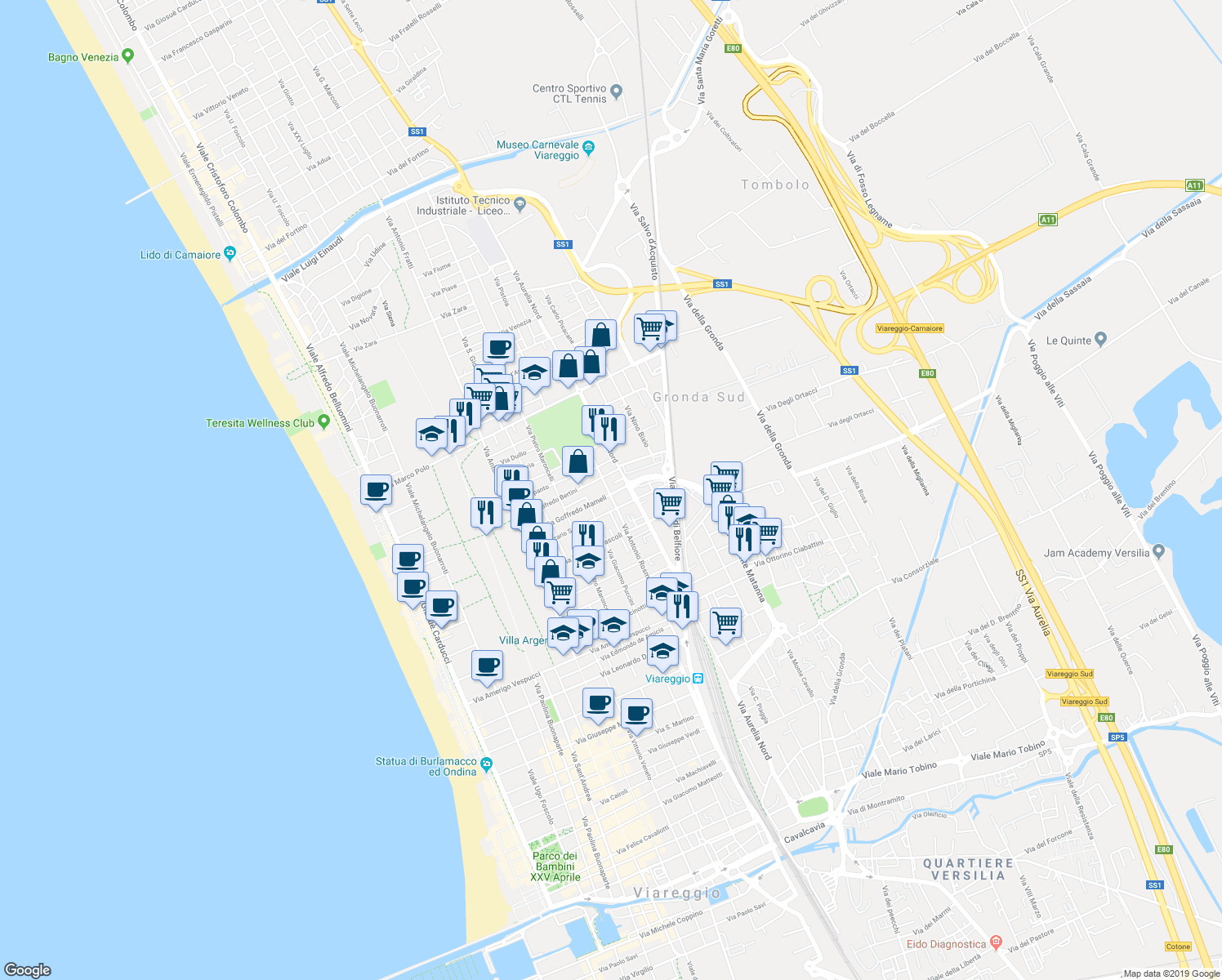map of restaurants, bars, coffee shops, grocery stores, and more near 174 Via Antonio Rosmini in Viareggio