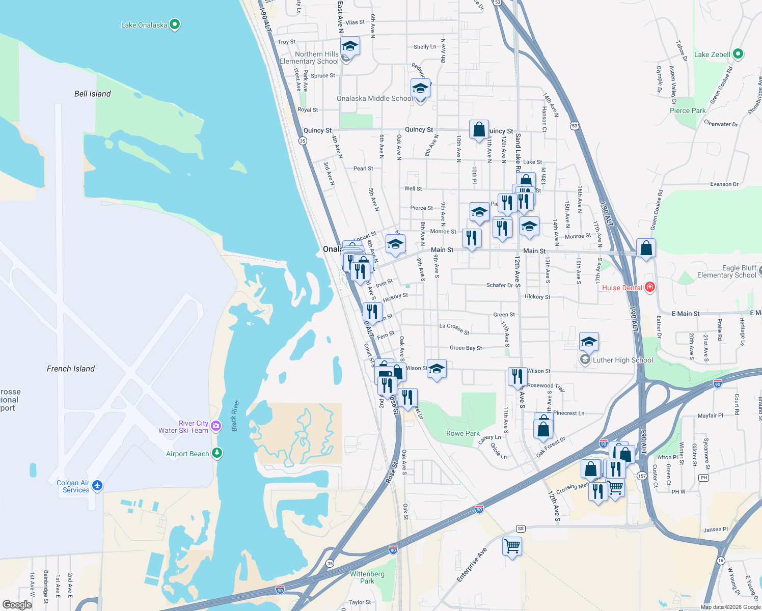 map of restaurants, bars, coffee shops, grocery stores, and more near 300 Hickory Street in Onalaska
