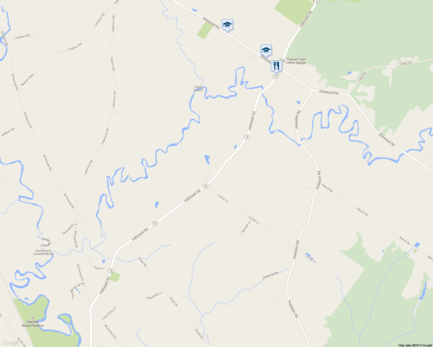 map of restaurants, bars, coffee shops, grocery stores, and more near 230 Hallowell Road in Pownal