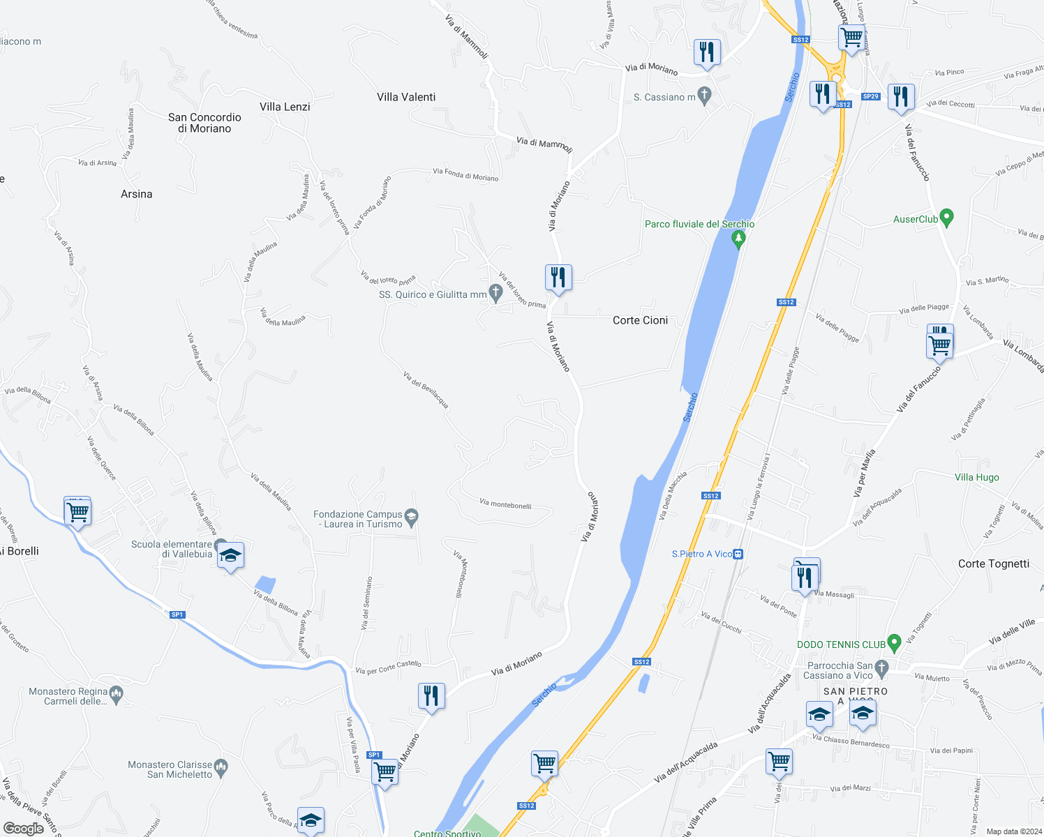 map of restaurants, bars, coffee shops, grocery stores, and more near 213 via di Santarlascio in Lucca