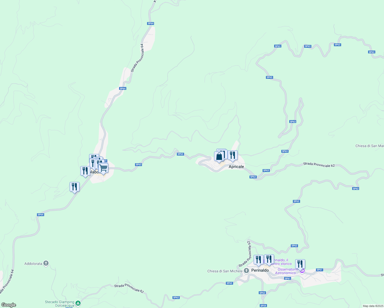 map of restaurants, bars, coffee shops, grocery stores, and more near Strada Provinciale 63 in Apricale